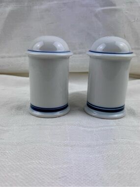 Dansk White Ceramic Bistro Salt and Pepper Shakers with Gold Stamping